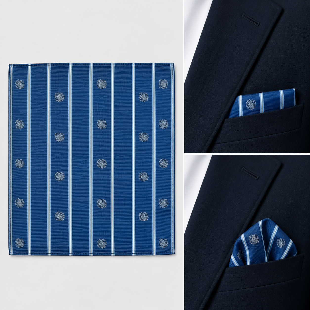 Pañuelo de bolsillo azul con rayas celestes y blancas y escudo de la Sociedad Bilbaína