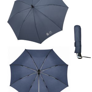 Paraguas plegable automático y resistente al viento, en azul marino y personalizado con el emblema de la Sociedad Bilbaína. Medidas: 28 cm cerrado y 96 cm de diámetro abierto.