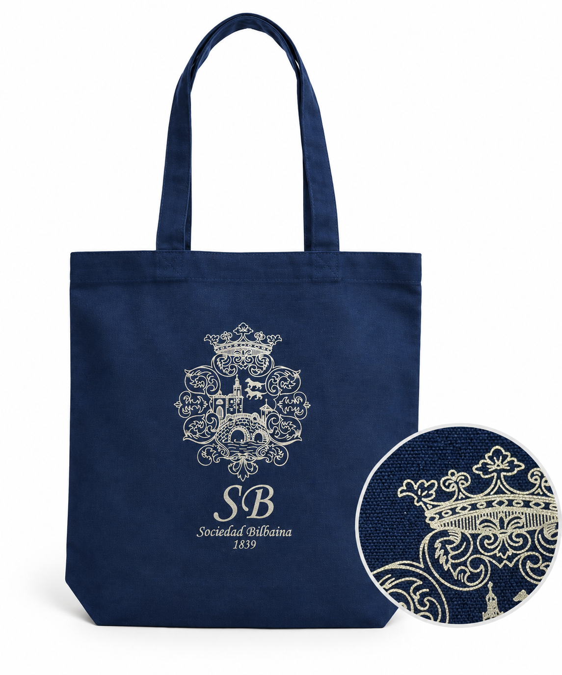 Bolsa de tela con el símbolo plateado de la Sociedad Bilbaína